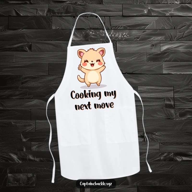 Funny apron featuring a cheerful small animal enthusiastically pointing forward on a map, perfect for kitchen adventures and cooking.