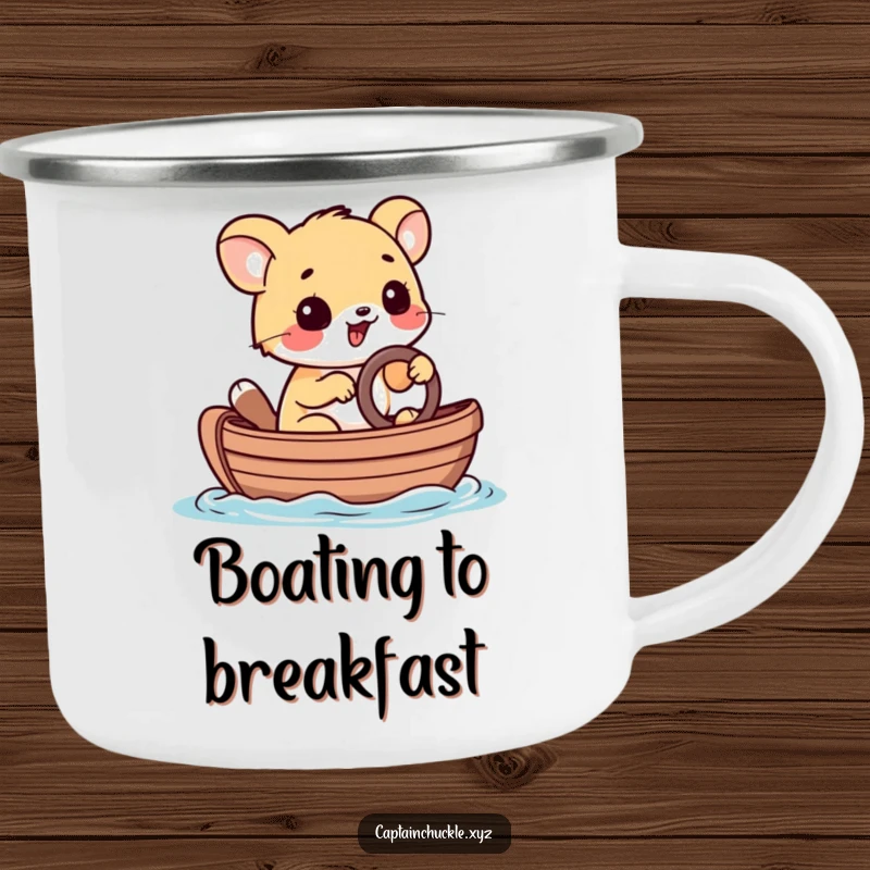 Funny camping mug with a playful small animal steering a tiny rowboat with a determined grin, perfect for outdoor adventures.