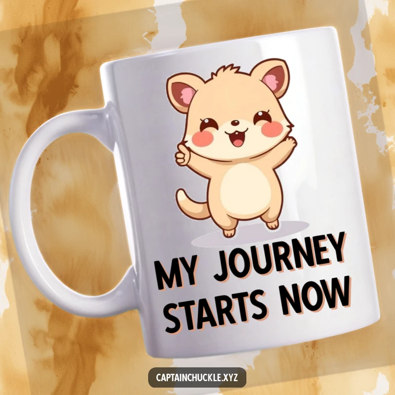 Funny mug featuring a cheerful small animal enthusiastically pointing forward on a map, ready for an adventure, symbolizing exploration and fun.