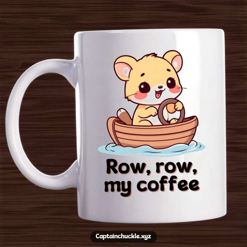 Funny mug featuring a playful small animal steering a tiny rowboat with a determined grin, embodying courage and fun.