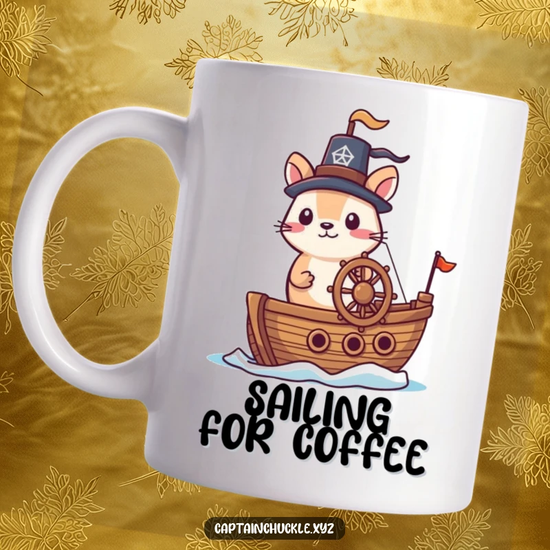 Funny mug depicting a small, brave animal wearing a jaunty hat, standing confidently at the helm of a miniature ship.