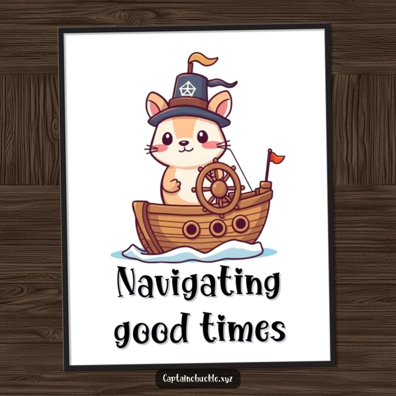 Funny digital art print of a small animal in a jaunty hat commanding a tiny ship, evoking a sense of adventure.