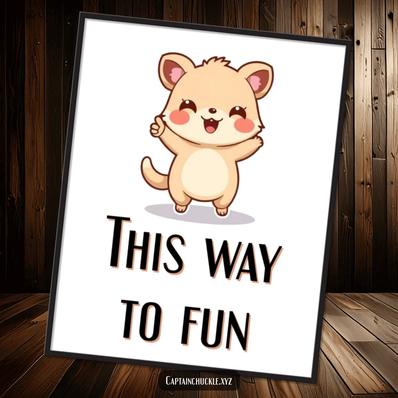 Funny poster of a cheerful small animal enthusiastically pointing forward on a map, adding a touch of humor and adventure to decor.