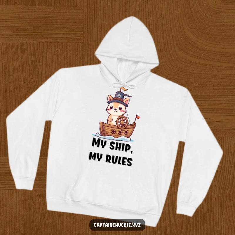 Funny hoodie with a small, brave animal wearing a jaunty hat, commanding a tiny ship, perfect for cozy voyages.