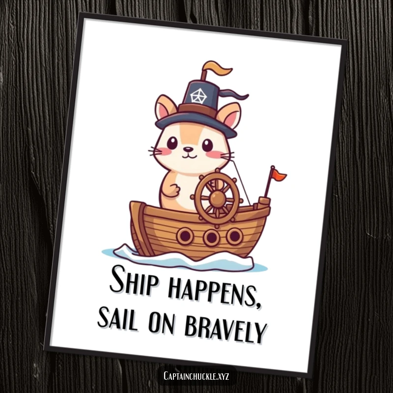 Funny Free Printable Wall Art featuring a brave small animal in a jaunty hat, standing at the helm of a tiny ship, ready to explore.
