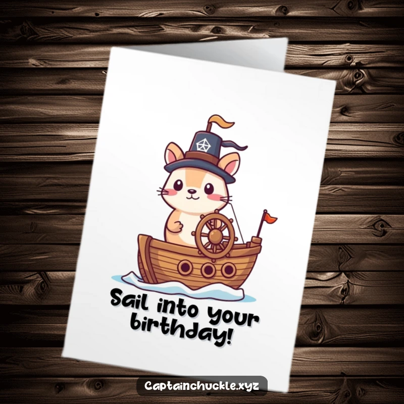 Funny Free Printable Birthday Card featuring a brave small animal in a jaunty hat, confidently steering a tiny ship, ready for adventure.