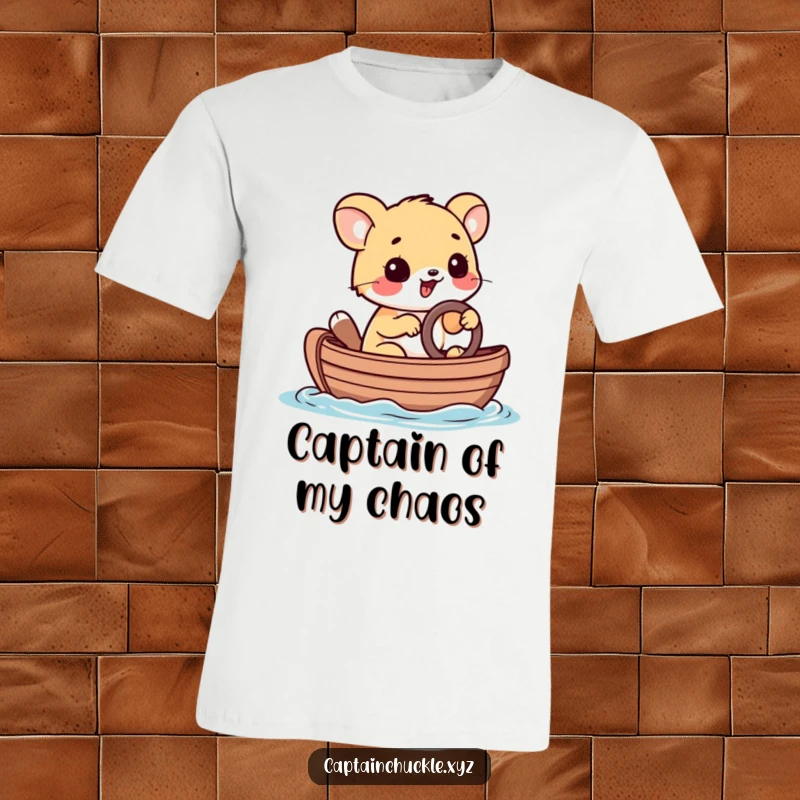 Funny t-shirt with a playful small animal steering a tiny rowboat with a determined grin, capturing a spirit of adventure.