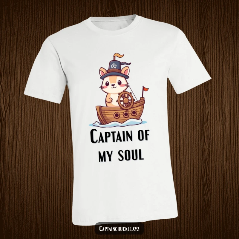Funny t-shirt featuring a small, brave animal in a jaunty hat at the helm of a tiny ship, ready for adventure.