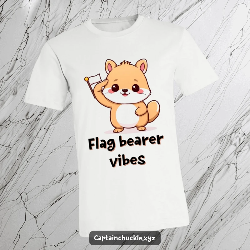 Funny t-shirt depicting a confident small animal saluting smartly with a tiny, crisp national flag.