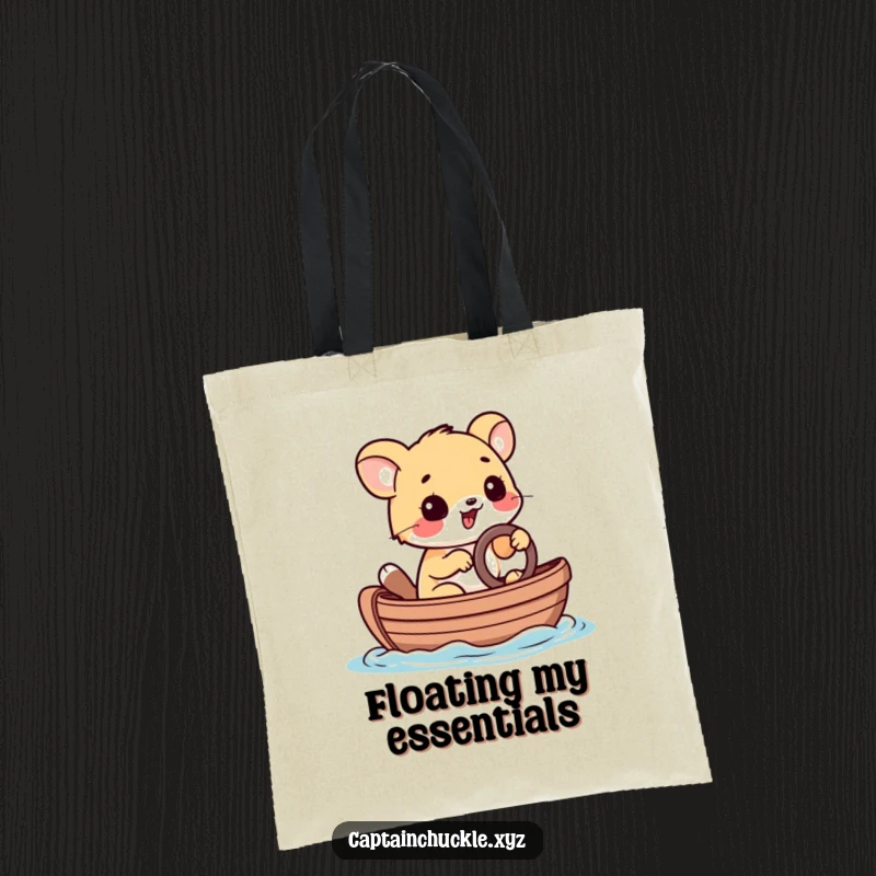 Funny tote bag with a playful small animal steering a tiny rowboat with a determined grin, perfect for carrying adventure gear.